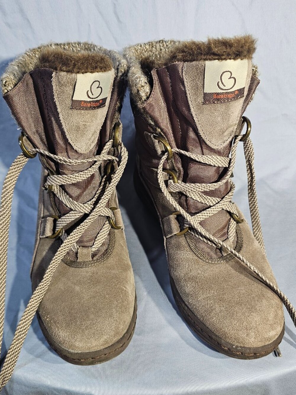 Baretraps Abalina Women's Boots Size 7.5 M Mud Suede Lace Up Winter Faux Fur